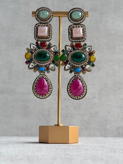 Ayura Designs Jeenat Earrings – Multicolour Stones, Crystal Detailing & Rani Pink Teardrops