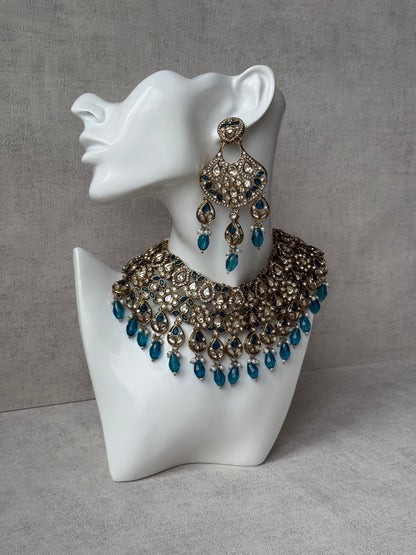 Ayura Designs Hoorain Set with Earrings – Antique Gold Finish, Mirror-Cut Stones & Peacock Blue Beads