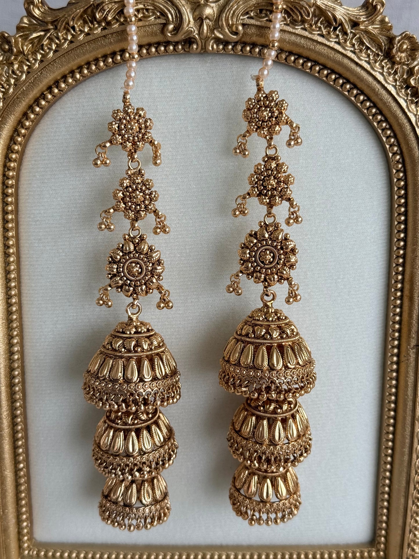 Ayura Designs Preet Sahare Jhumkis – Antique Gold Finish with Triple Dome Design