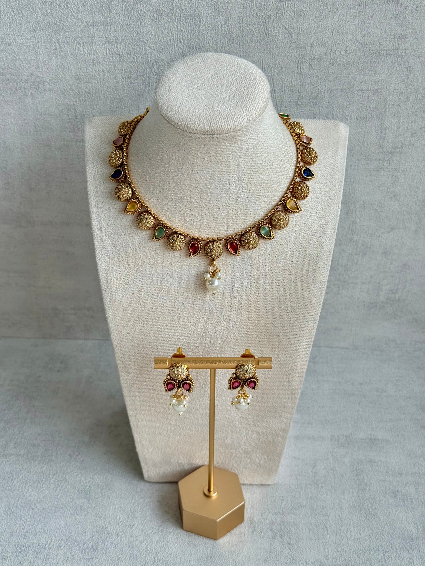 Ayura Designs Mayura Necklace Set with Earrings – Antique Gold Meenakari Motifs with Pearl Drop & Multicolour Stones