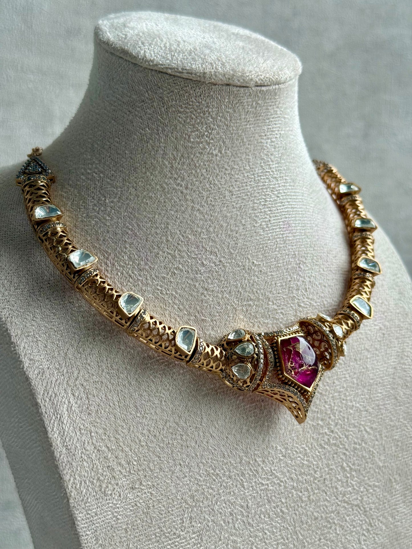 Ayura Designs Krupa Set – Necklace & Earrings with Magenta Stone featuring Natural Marbling, Mirror-Cut Kundan & Antique Gold Detailing