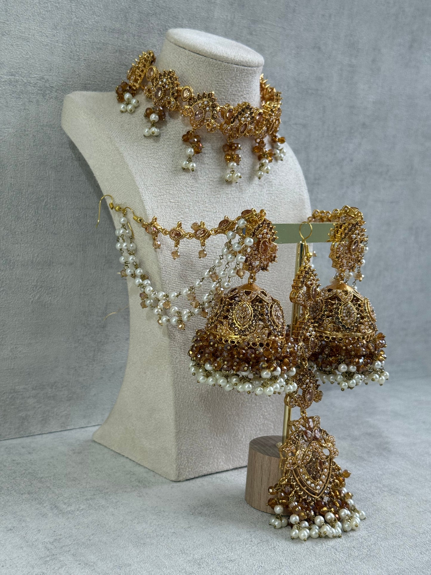 Ayura Designs Noor Set – Choker, Jhumkis with Sahare & Tikka in Champagne Gold with Pearl Detailing