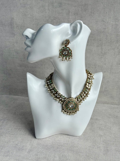 Ayura Designs Warda Set with Earrings & Tikka – Pistachio Green Ovals, Mirror-Cut Stones & Ivory Pearls