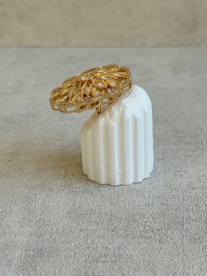 Ayura Designs Elisa Adjustable Ring – Moissanite Floral Ring with Clear Crystal Centre & Crystal Border