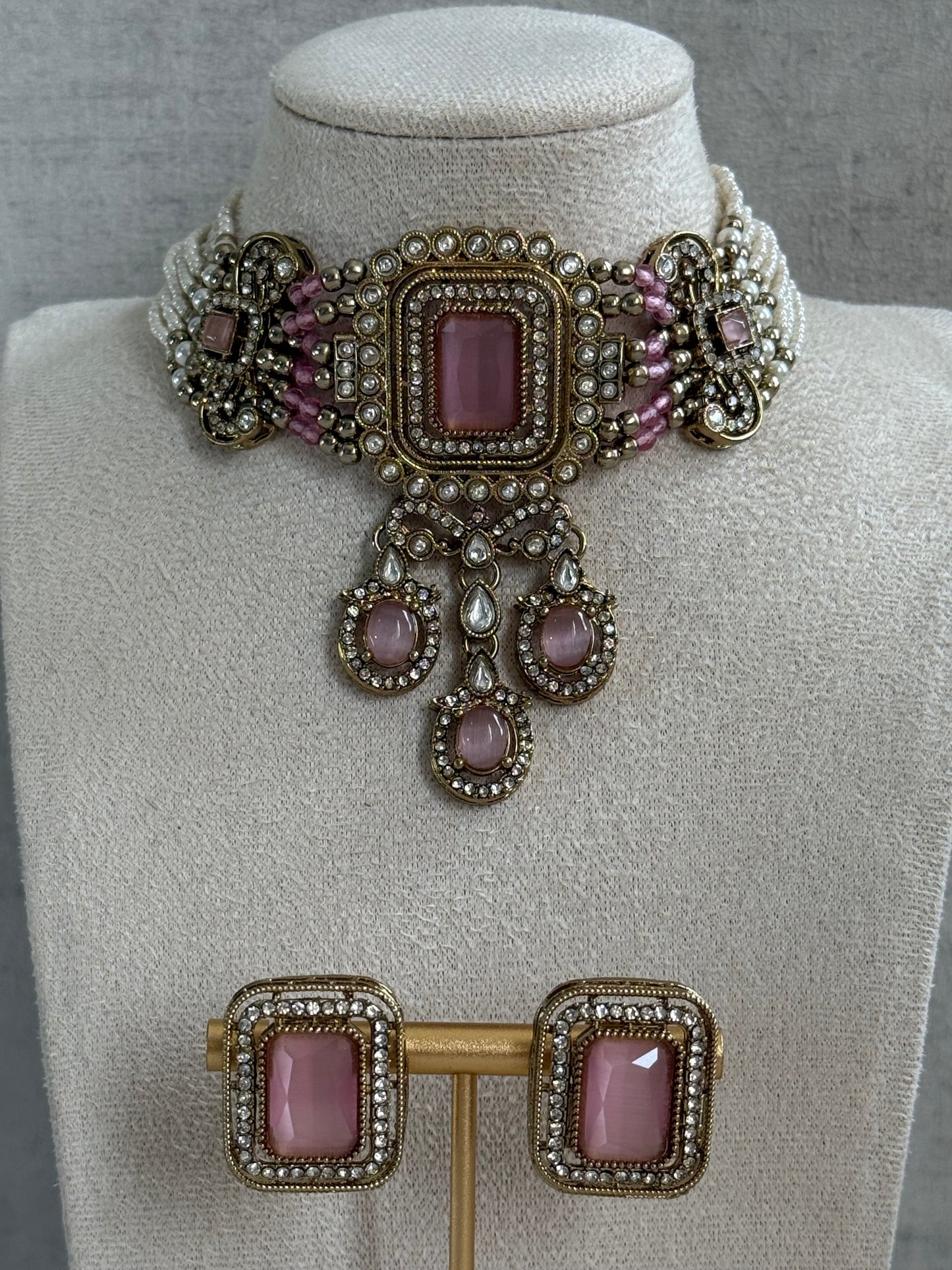 Ayura Designs Nabiha Choker Set with Studs – Blush Pink Stones, Pearl Detailing & Antique Gold Finish
