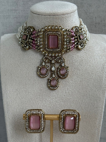 Ayura Designs Nabiha Choker Set with Studs – Blush Pink Stones, Pearl Detailing & Antique Gold Finish