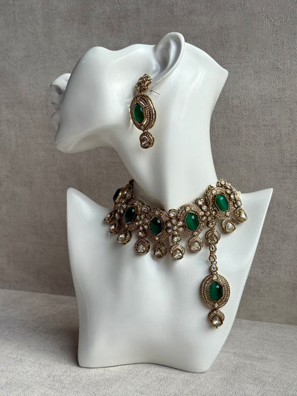 Ayura Designs Emanya Choker Set – Choker, Earrings & Tikka with Mirror-Cut Stones, Emerald Green & Antique Gold Detailing