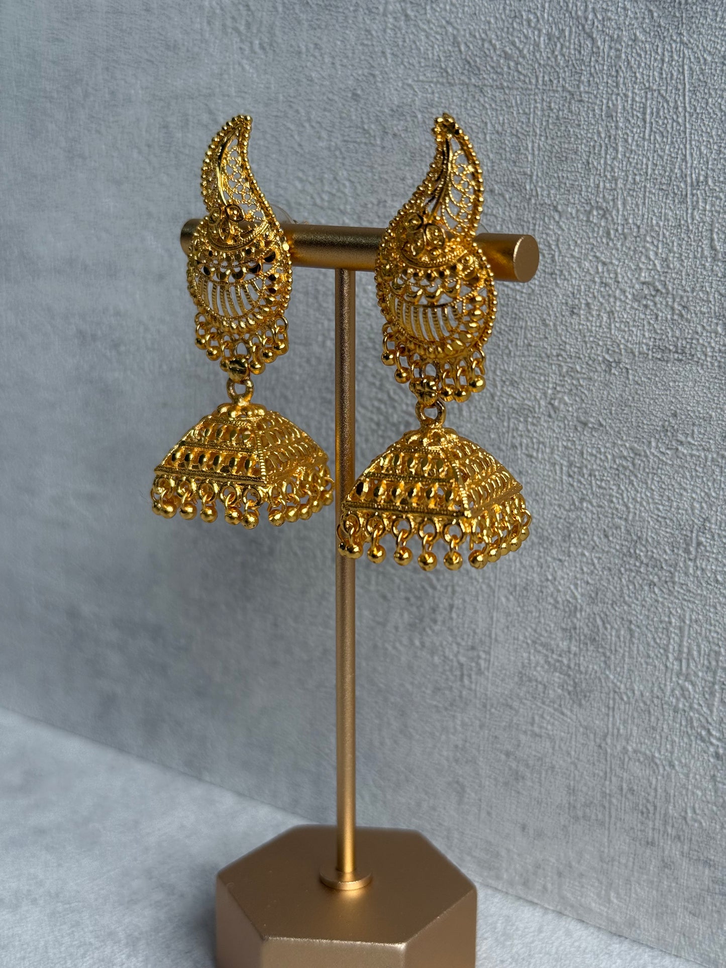 Ayura Designs Sonal Jhumkis – Antique Gold Filigree Earrings with Dome Detailing & Mini Ghungroos