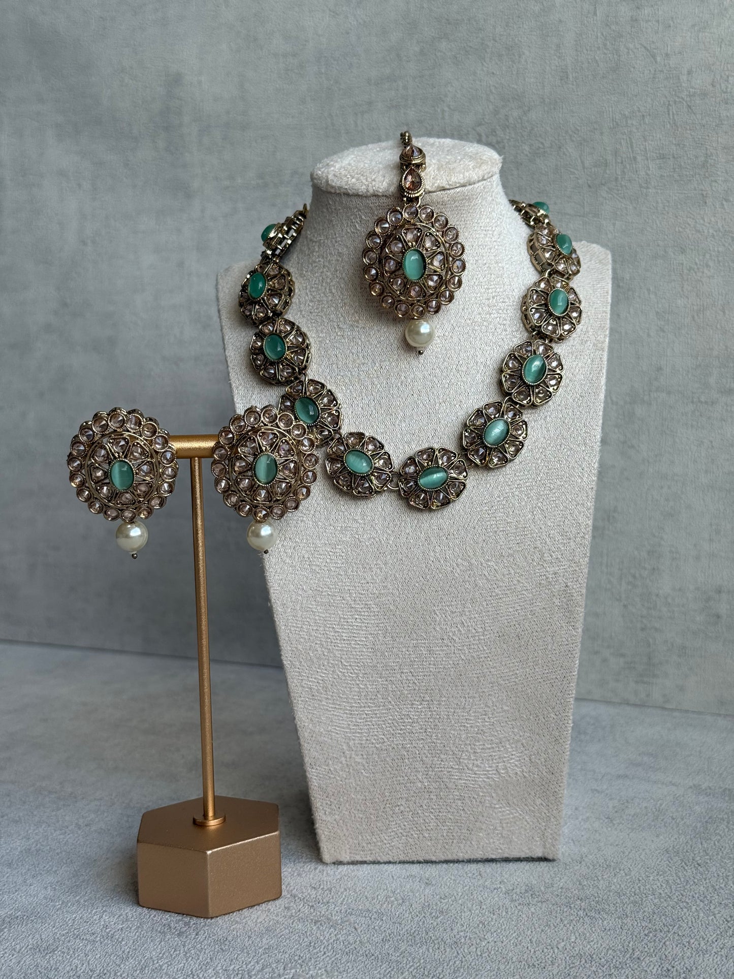 Ayura Designs Sania Set with Necklace, Earrings & Tikka – Mint Oval Stones, Kundan Detailing & Antique Gold Finish