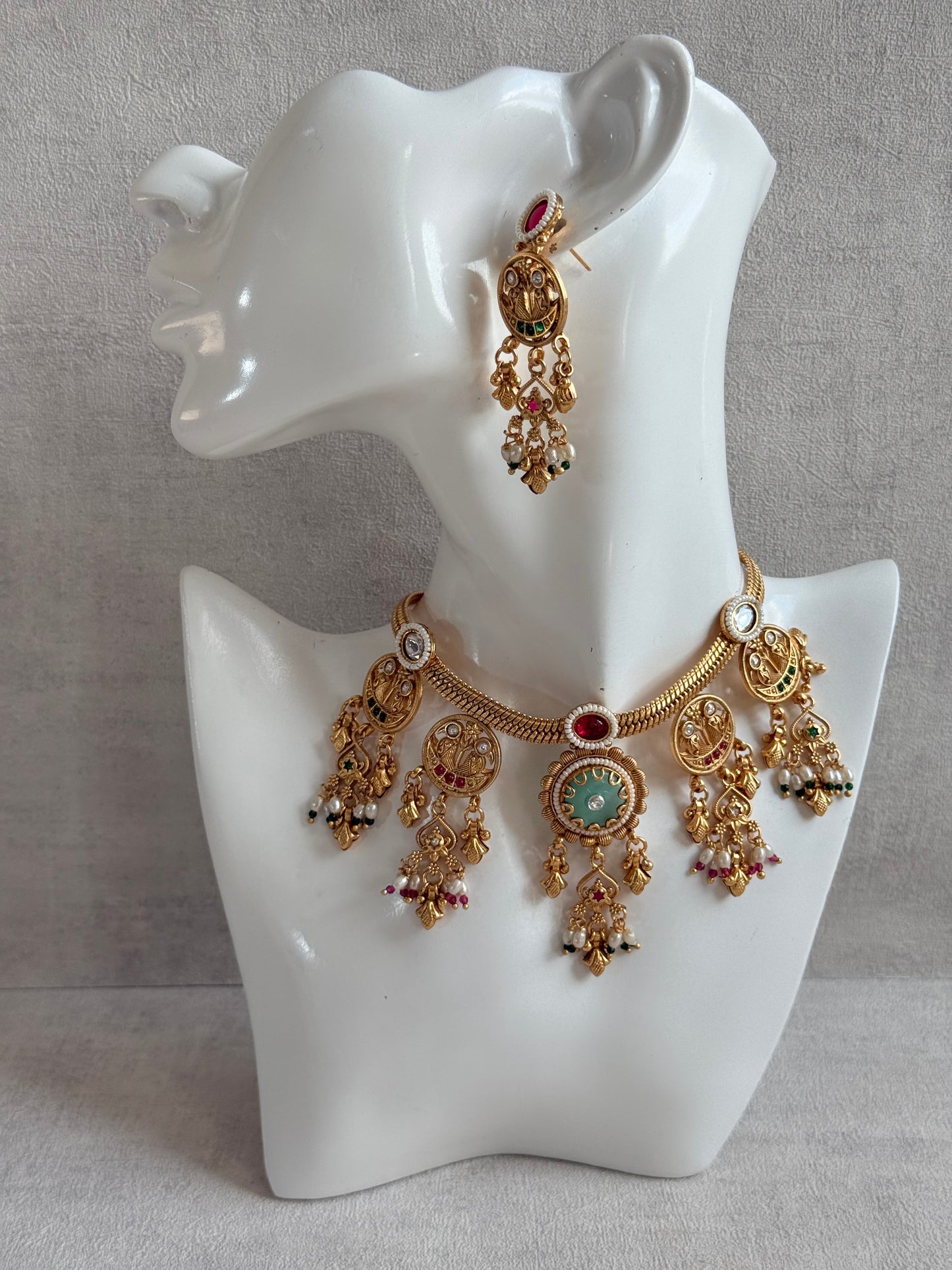 Ayura Designs Parchhai Necklace Set with Earrings – Mint Green, Ruby Red & Emerald Green Stones, Bird Motifs & Pearl Detailing