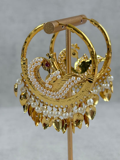 Ayura Designs Hansi Balis – Peacock Design with Pearl & Pippal Patti Detailing in Gold Finish
