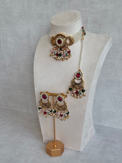 Ayura Designs Mehr Choker Set with Earrings & Tikka – Multicolour Beads, Ruby Pink Centre Stones, Pearl Strands & Antique Gold Finish