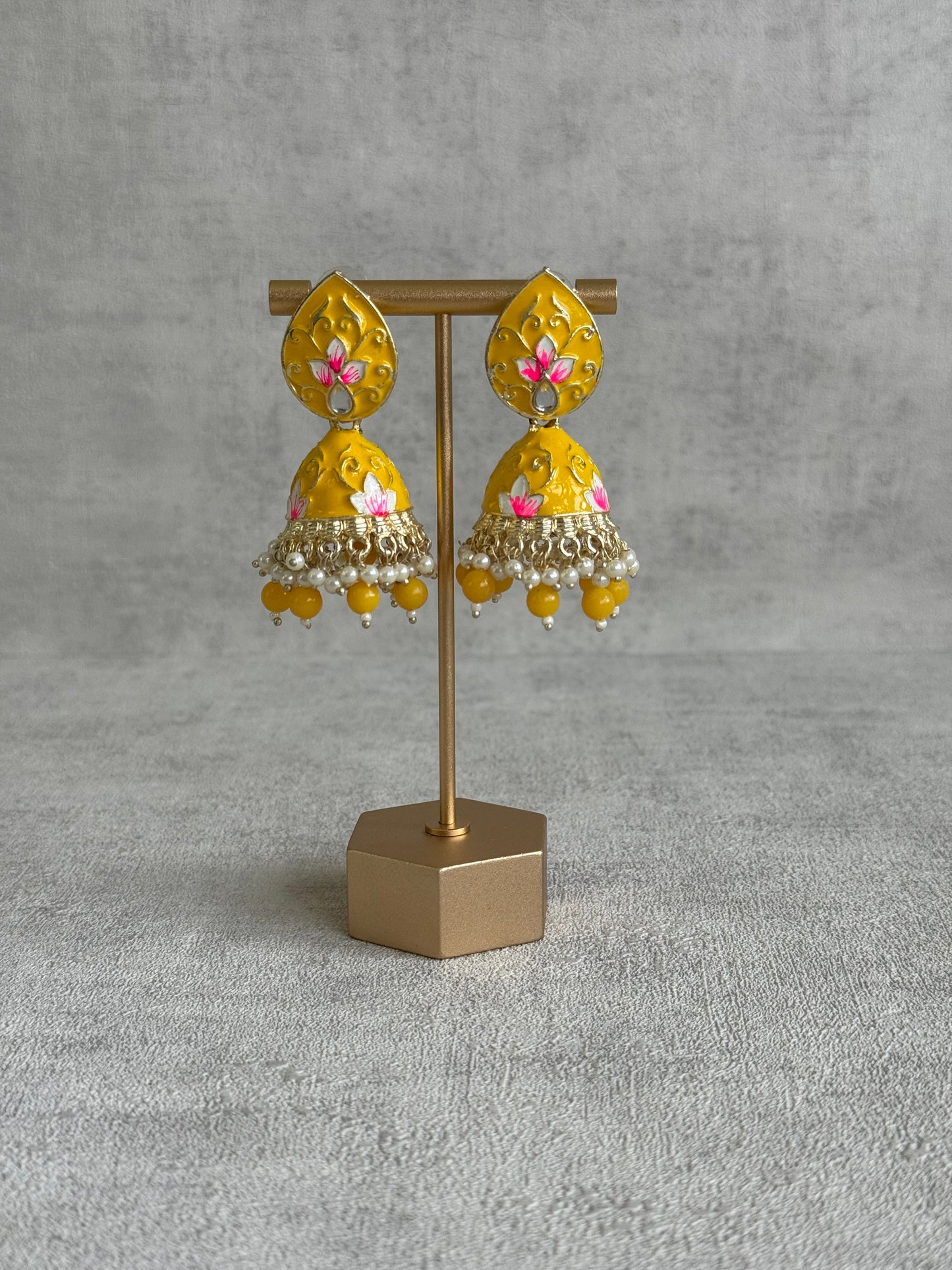 Ayura Designs Gia Jhumkis – Mustard Yellow Meenakari with Pink Lotus Motifs & Ivory Pearl Drops