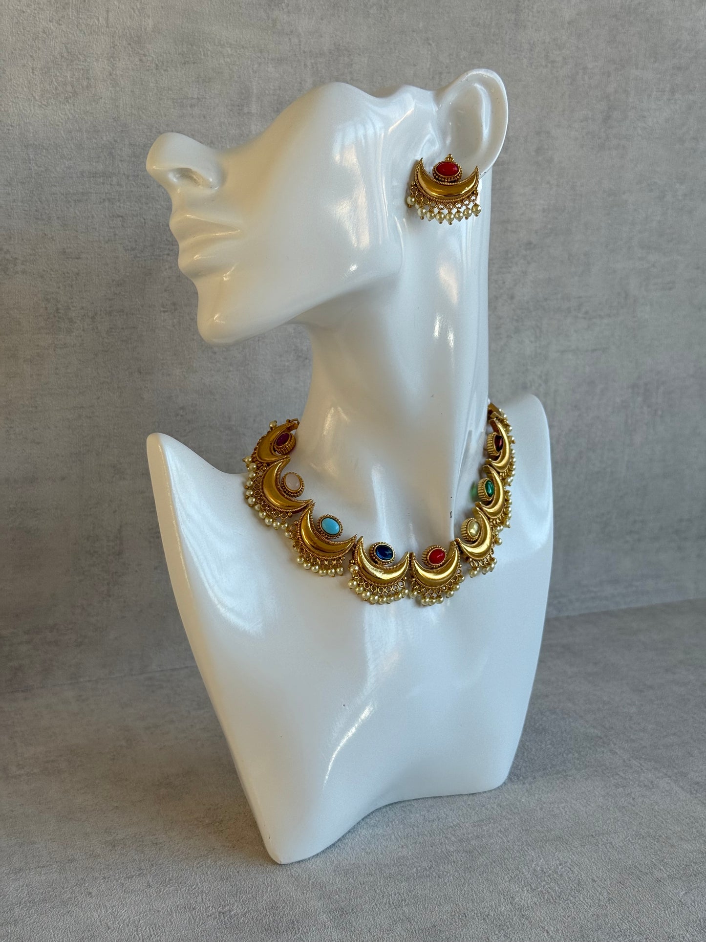 Ayura Designs Laksha Set with Earrings – Antique Gold Crescent Motifs, Multicolour Stones & Pearl Detailing
