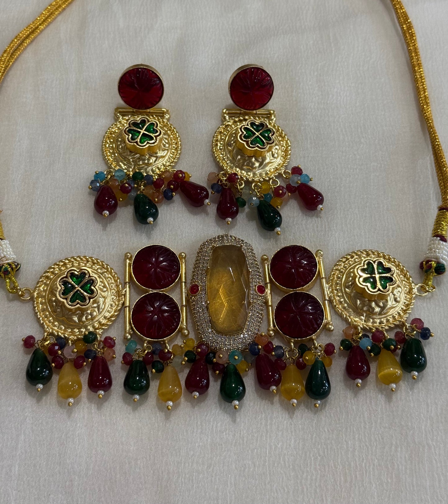 Ayura Designs Faizaan Choker Set with Earrings – Multicolour Stone Drops, Carved Ruby Details & Antique Gold Finish