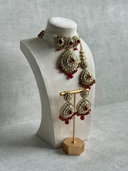 Ayura Designs Tehreem Set with Necklace, Earrings & Tikka – Mirror-Cut Stones, Ruby Red Beads & Antique Gold Finish