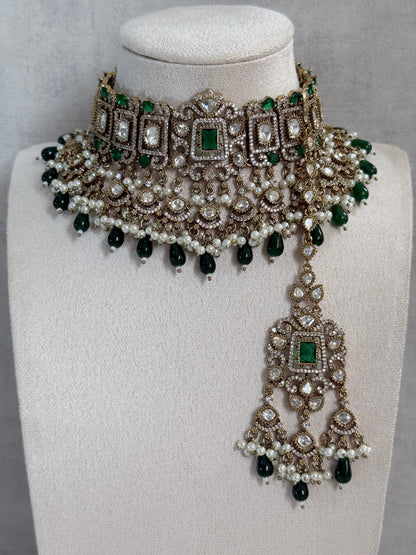 Ayura Designs Aisha Choker Set with Earrings & Tikka – Emerald Green Stones, Polki & Pearl Detailing