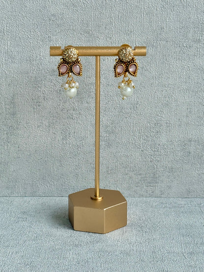 Ayura Designs Mayura Necklace Set with Earrings – Antique Gold Meenakari Motifs with Pearl Drop & Blush Pink Stones
