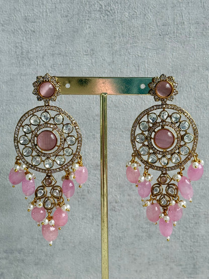 Ayura Designs Harper Set – Antique Gold Choker & Earrings with Blush Pink Beads, Kundan Stones & Pearl Detailing