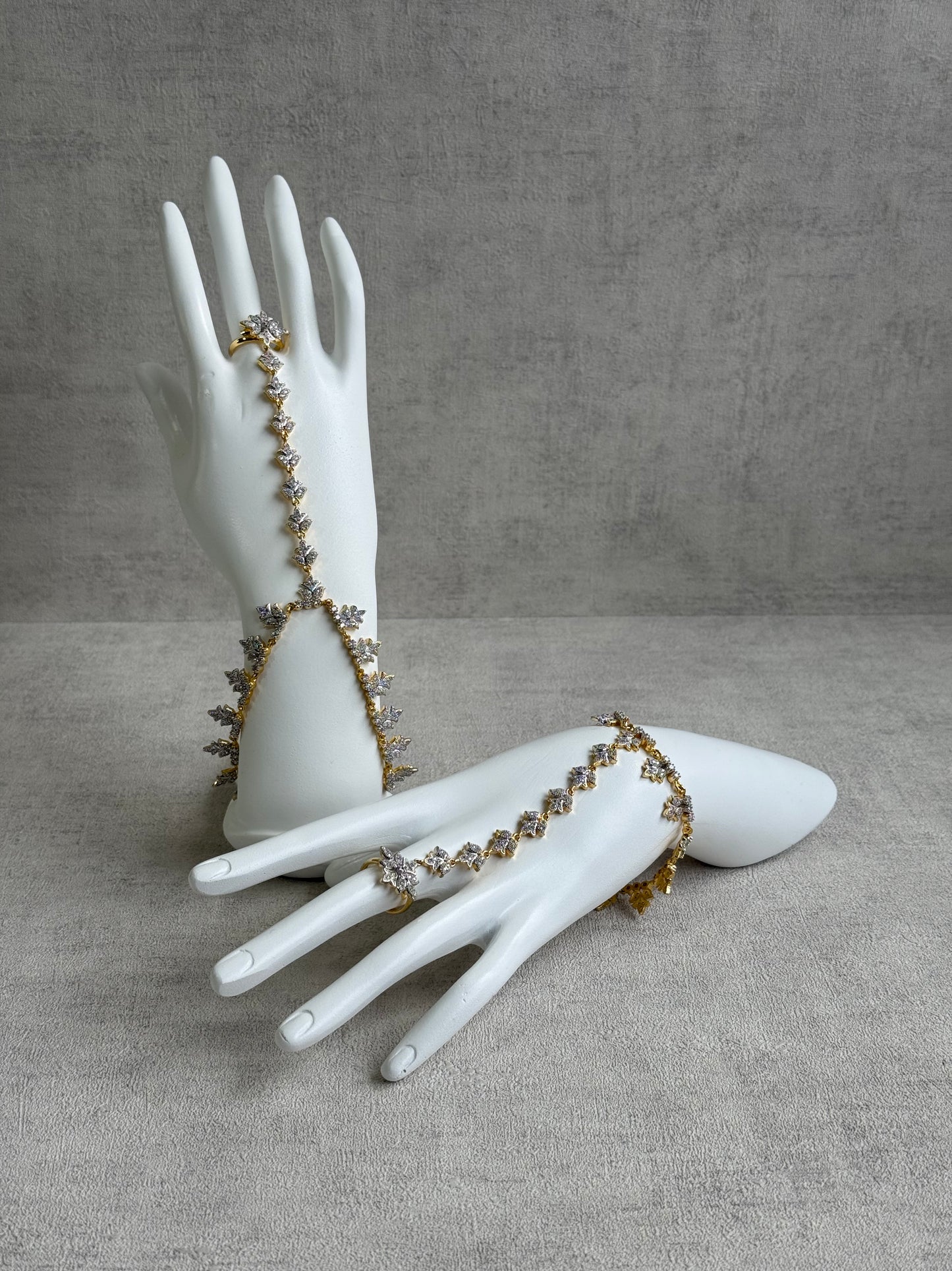 Ayura Designs Aagya Haathphool – Set of 2 Gold & Silver Ring-Bracelet Chains with Floral Diamond-Cut Detailing