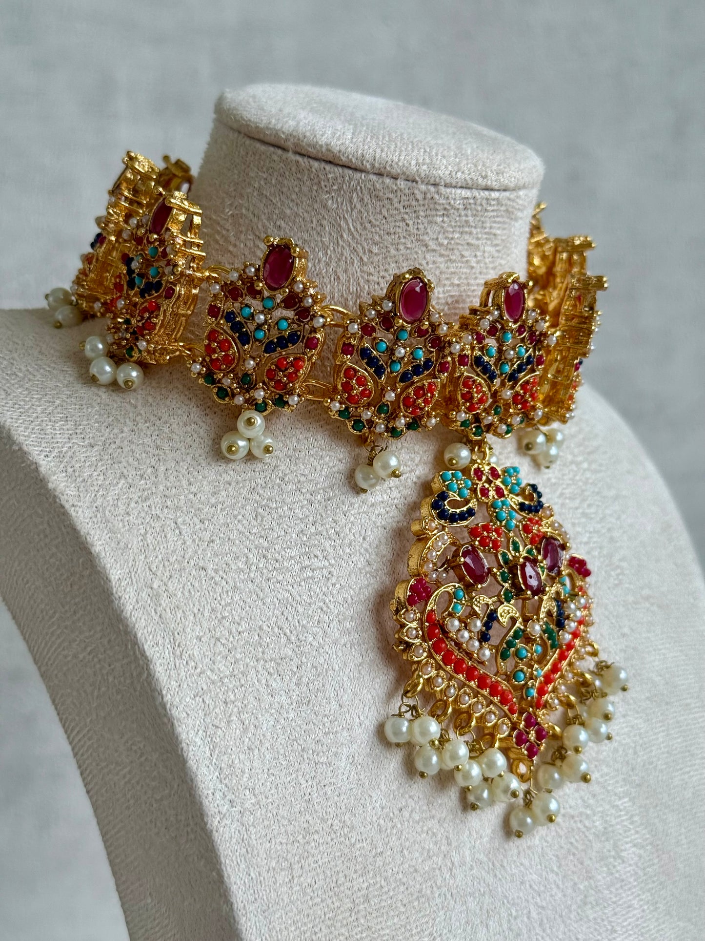 Ayura Designs Itrat Set with Choker, Earrings & Tikka – Antique Gold with Multicolour Stones & Pearl Detailing