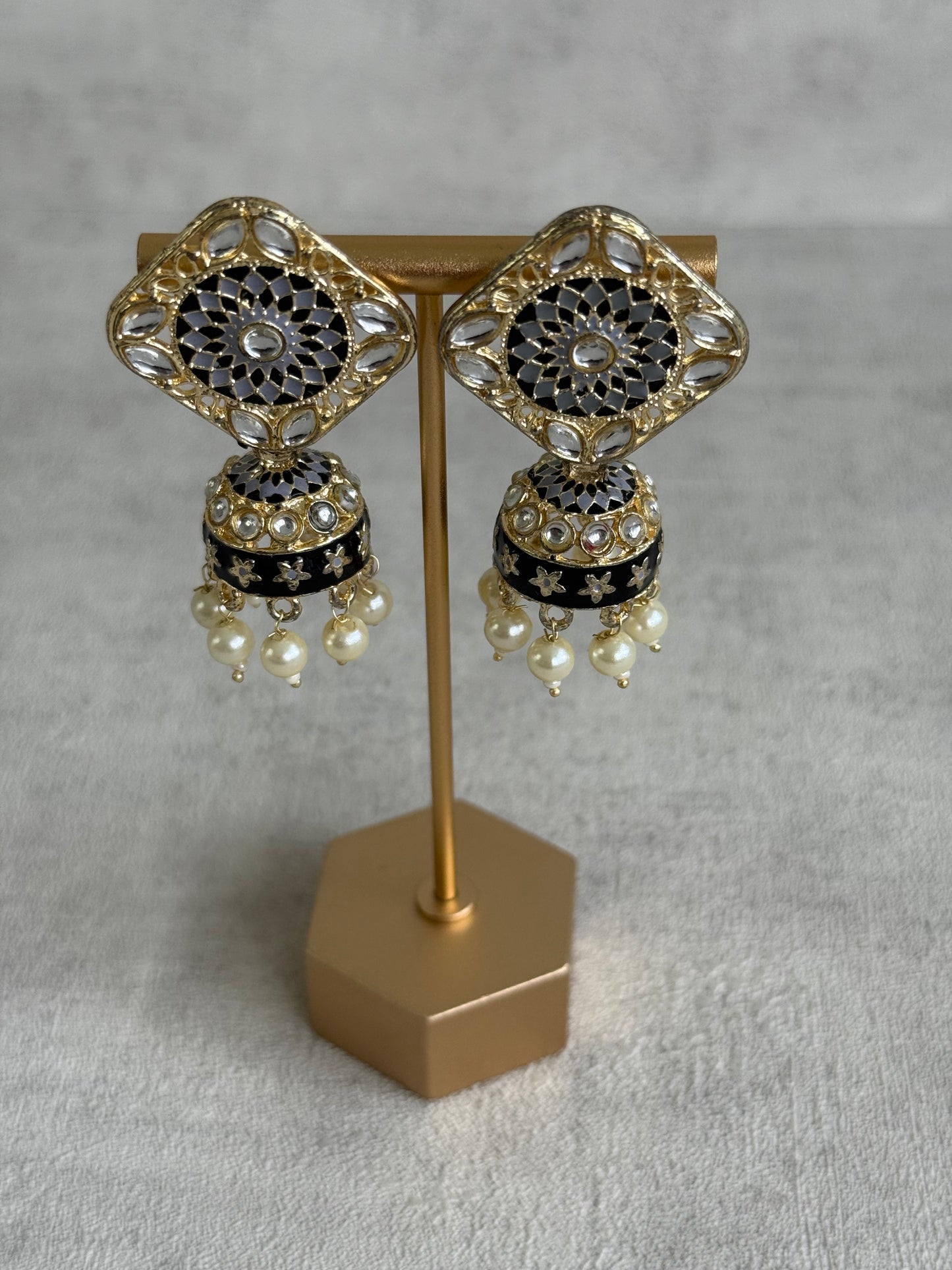 Ayura Designs Rangoli Jhumkis – Silver, Black & Ivory Meenakari with Pearl Drops in Antique Gold Finish
