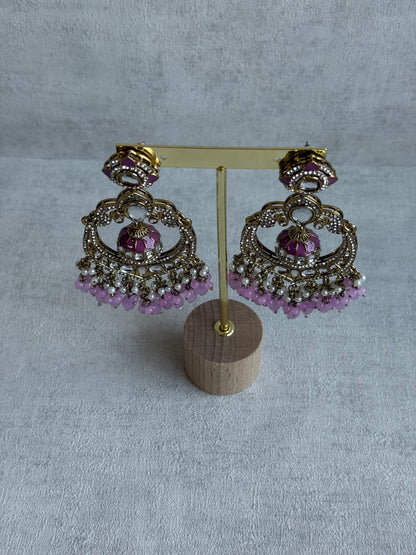 Ayura Designs Reha Earrings – Statement Chandbalis with Lavender Pink Beads, Pearls & Mirror-Cut Stones