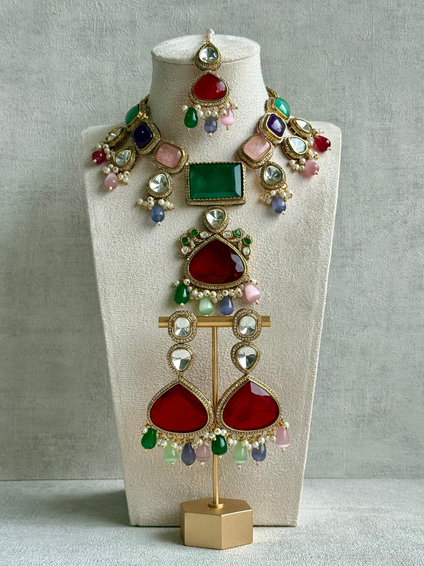 Ayura Designs Lara Set – Statement Multicolour Necklace, Earrings & Tikka with Ruby, Emerald & Pastel Beads