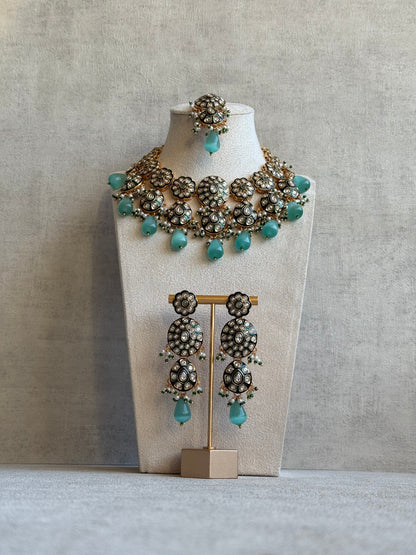 Ayura Designs Sumaira Set – Necklace, Earrings & Tikka with Kundan, Green Meenakari Detailing & Aqua Drops