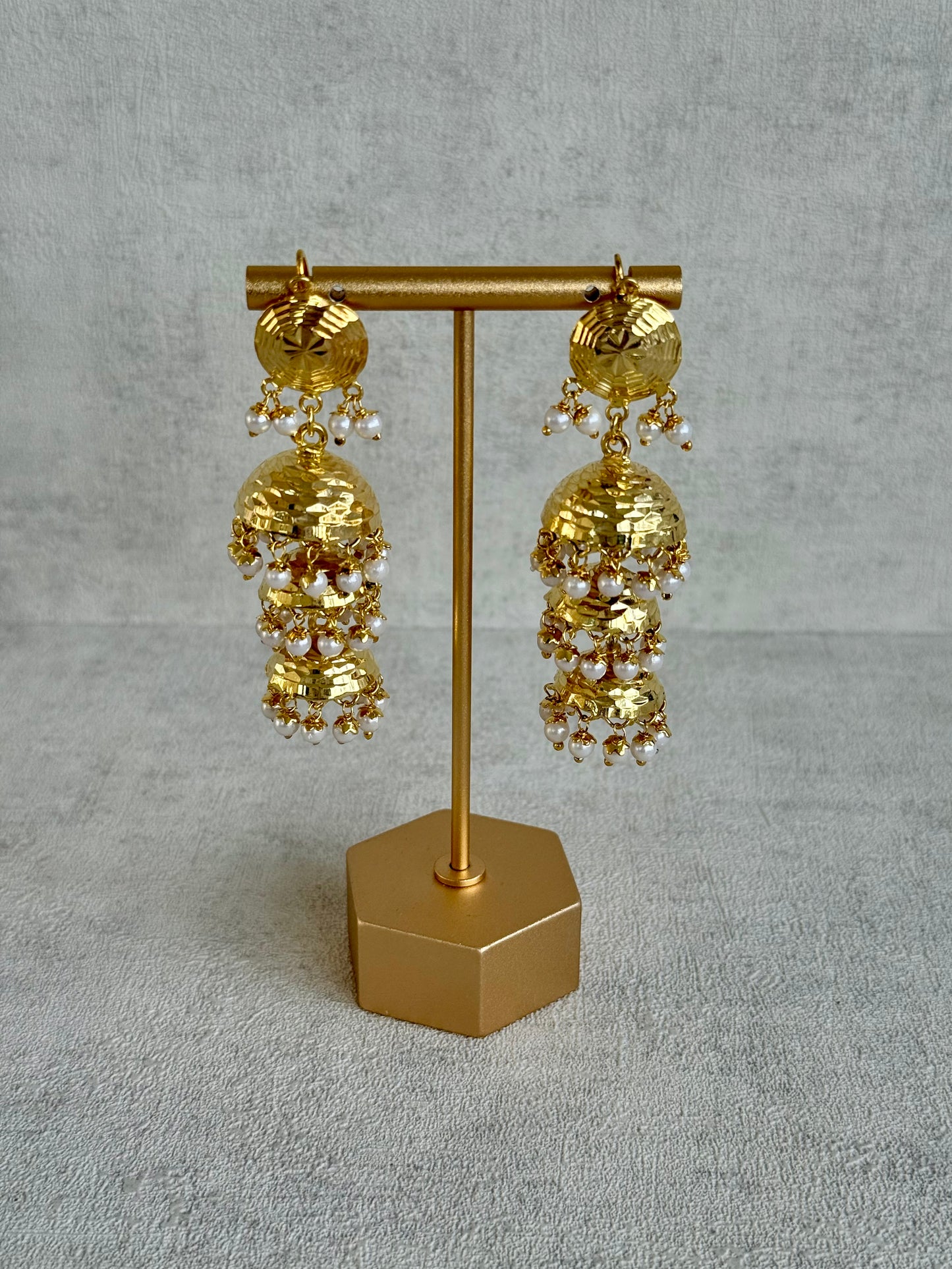 Ayura Designs Noorak Jhumkis – Hammered Gold Layered Jhumkis with Pearl Drop Detailing