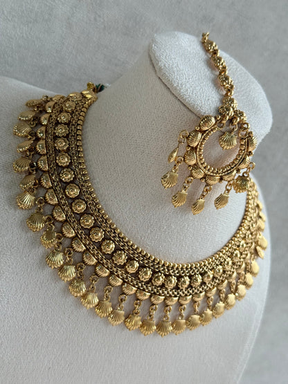 Ayura Designs Falaq Necklace Set with Earrings & Tikka – Gold Finish with Layered Chain, Floral & Shell Drop Detailing