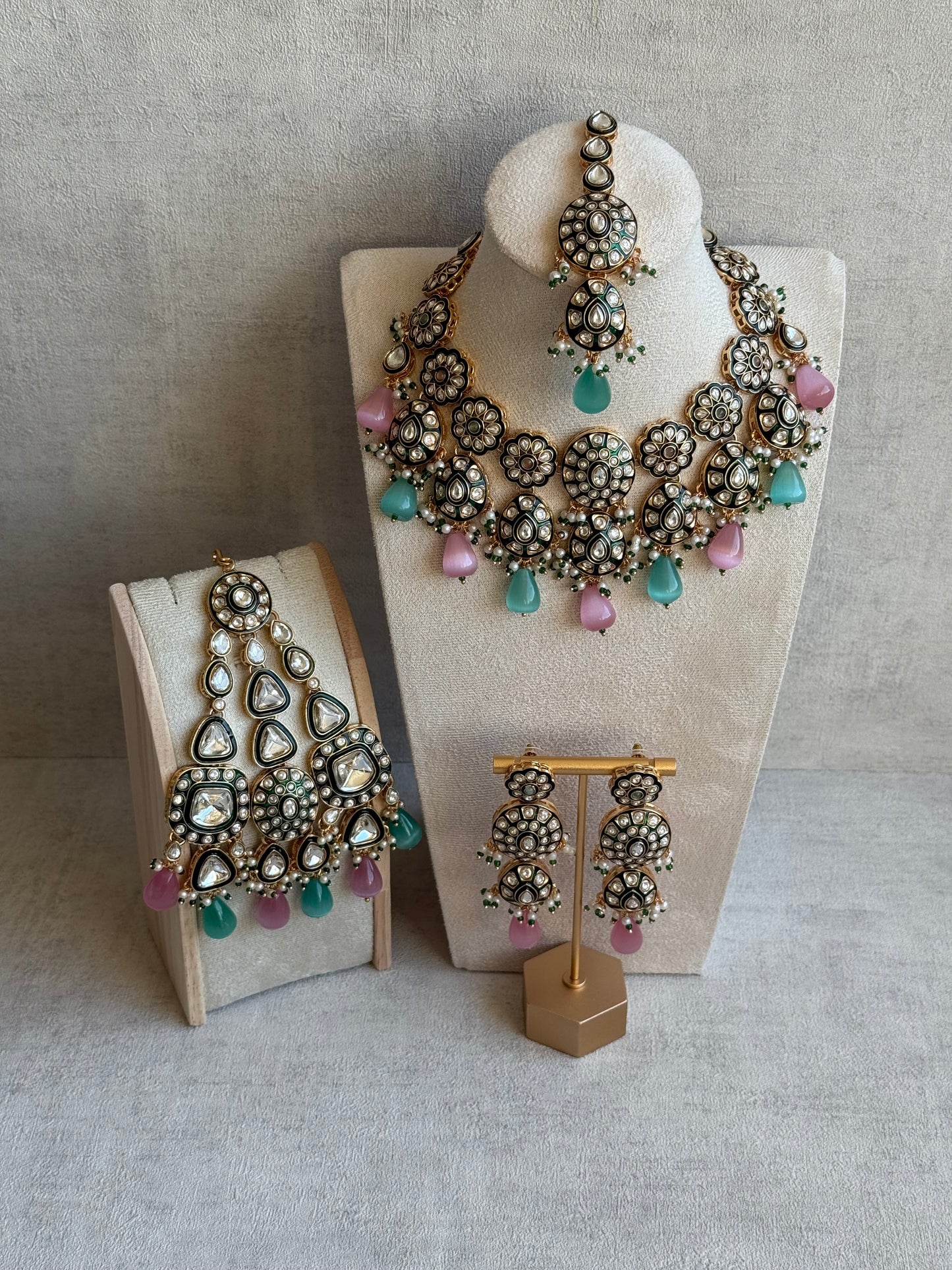 Ayura Designs Sumaira Set with Passa – Necklace, Earrings, Tikka & Passa with Kundan, Green Meenakari Detailing & Aqua-Pink Drops