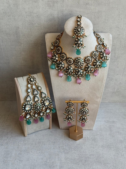 Ayura Designs Sumaira Set with Passa – Necklace, Earrings, Tikka & Passa with Kundan, Green Meenakari Detailing & Aqua-Pink Drops