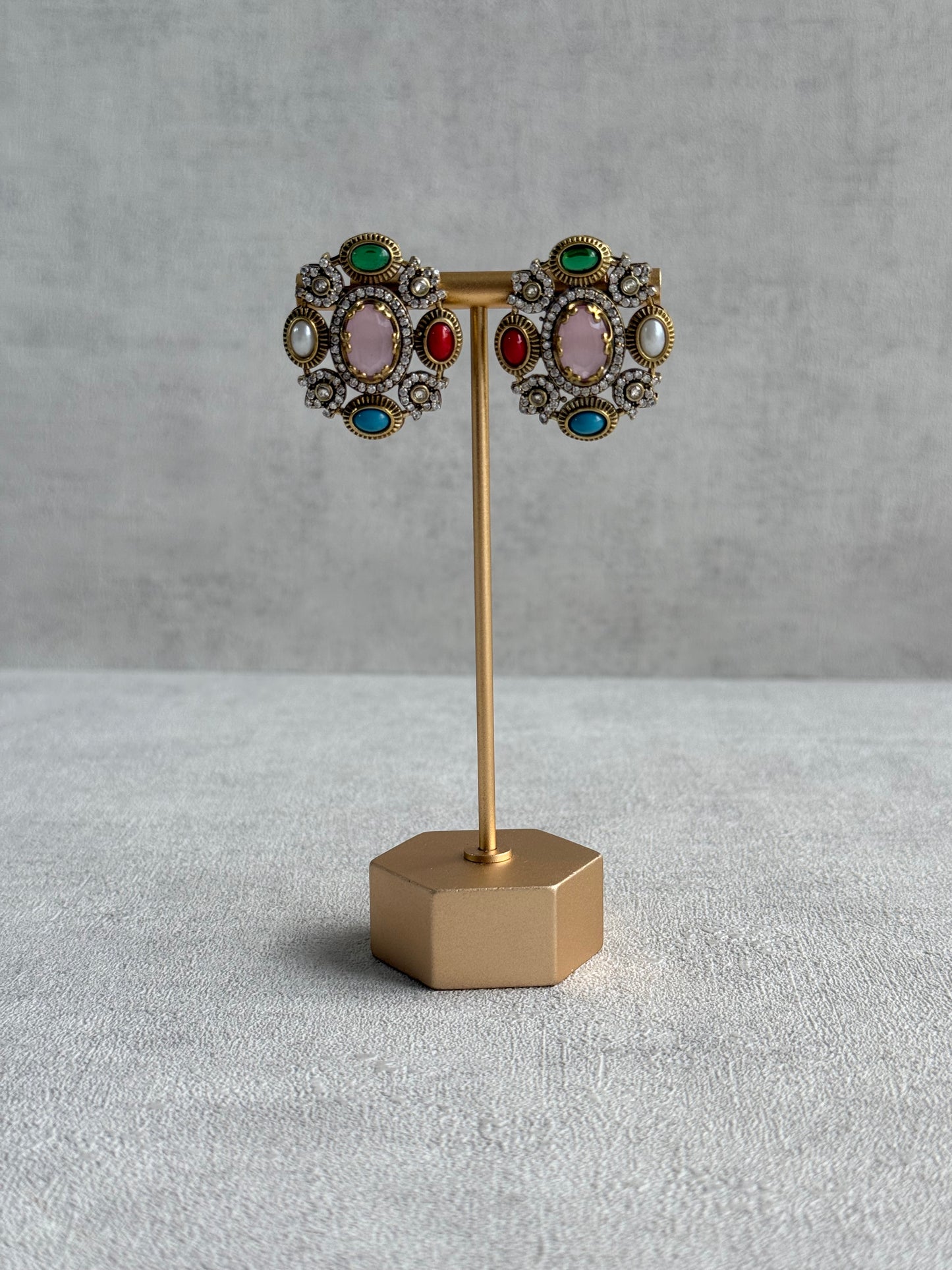 Ayura Designs Celia Stud Earrings – Blush Pink & Multicolour Stones with Gold Finish
