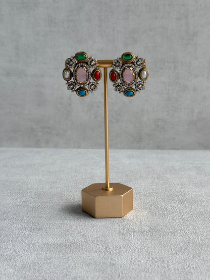 Ayura Designs Celia Stud Earrings – Blush Pink & Multicolour Stones with Gold Finish