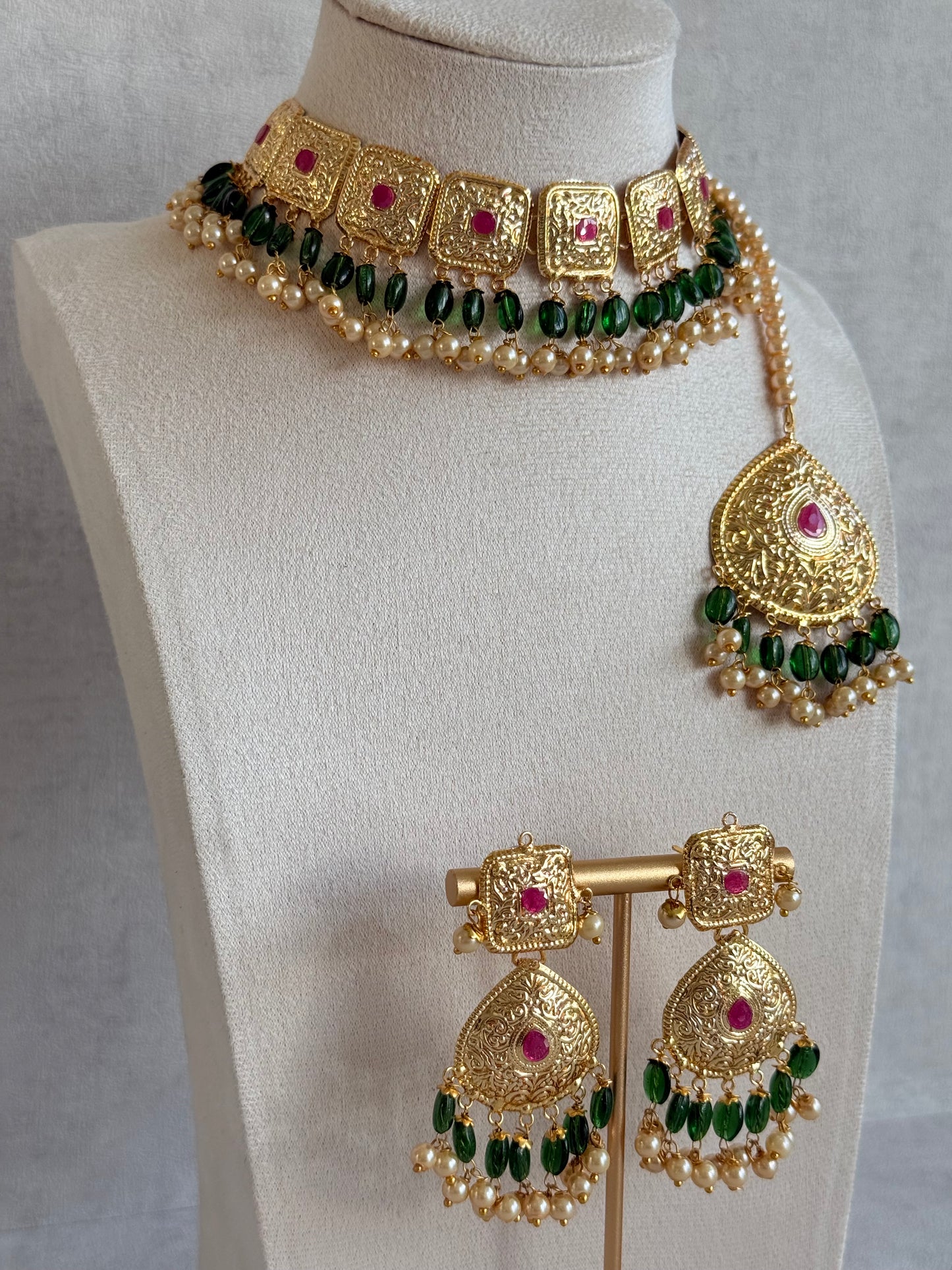 Ayura Designs Chetna Choker Set with Earrings & Tikka – Emerald Green Beads, Cream Pearl Drops with Pipal Patti Detailing