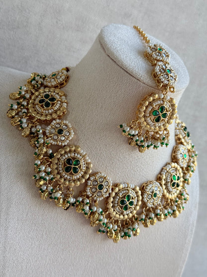 Ayura Designs Manika Necklace Set with Earrings & Tikka – Gold Finish with Emerald Green Stones, Pearls & Ghungroos