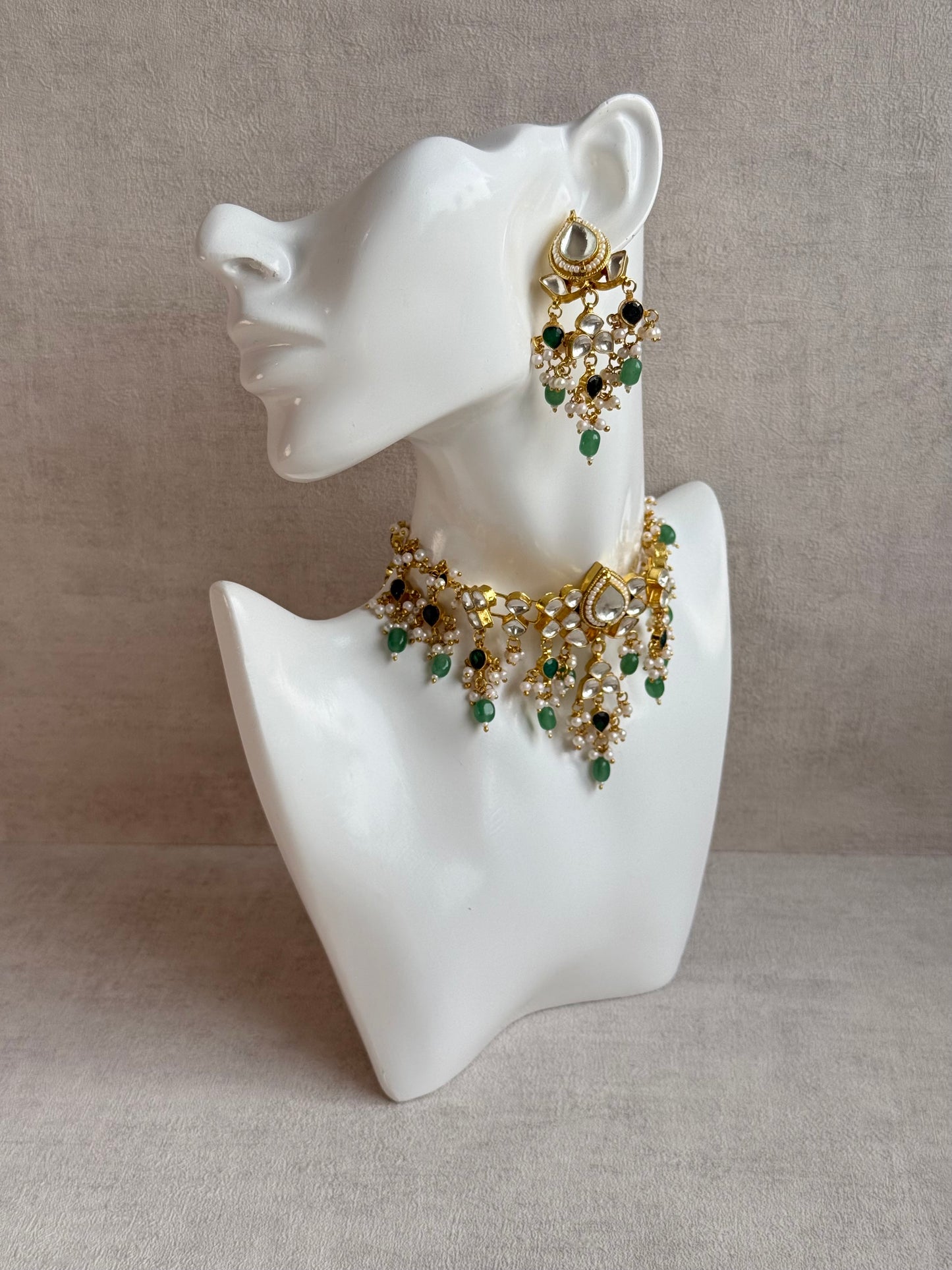 Ayura Designs Naksh Kundan Choker Set with Earrings & Emerald Green Bead Detailing