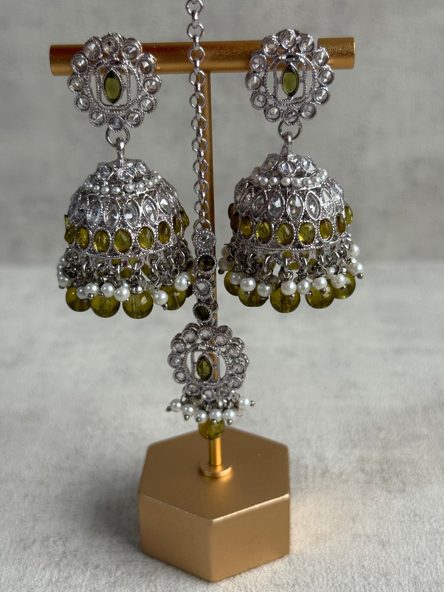 Ayura Designs Rayal Set – Silver Necklace, Jhumkis & Tikka with Olive Green Stones & Pearl Detailing