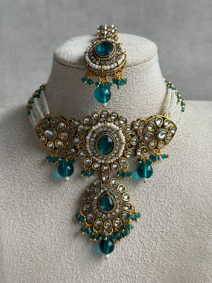 Ayura Designs Muskaan Set – Choker, Jhumkis & Tikka with Peacock Blue Beads, Kundan Stones & Antique Gold Finish