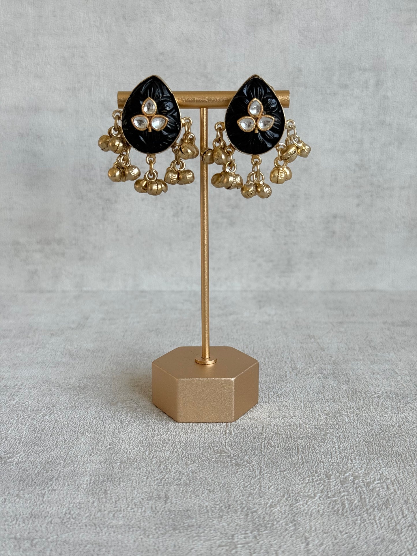 Ayura Designs Aykai Earrings – Black Carved Teardrop Stud Earrings with Clear Kundan Stones & Gold Ghungroo Drops