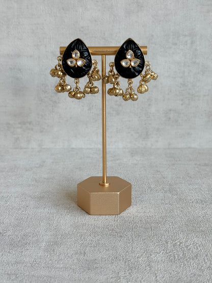 Ayura Designs Aykai Earrings – Black Carved Teardrop Stud Earrings with Clear Kundan Stones & Gold Ghungroo Drops