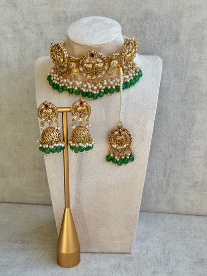 Ayura Designs Tanu Choker Set with Earrings & Tikka – A Golden Harmony of Pearls, Emerald Hues & Crimson Accents