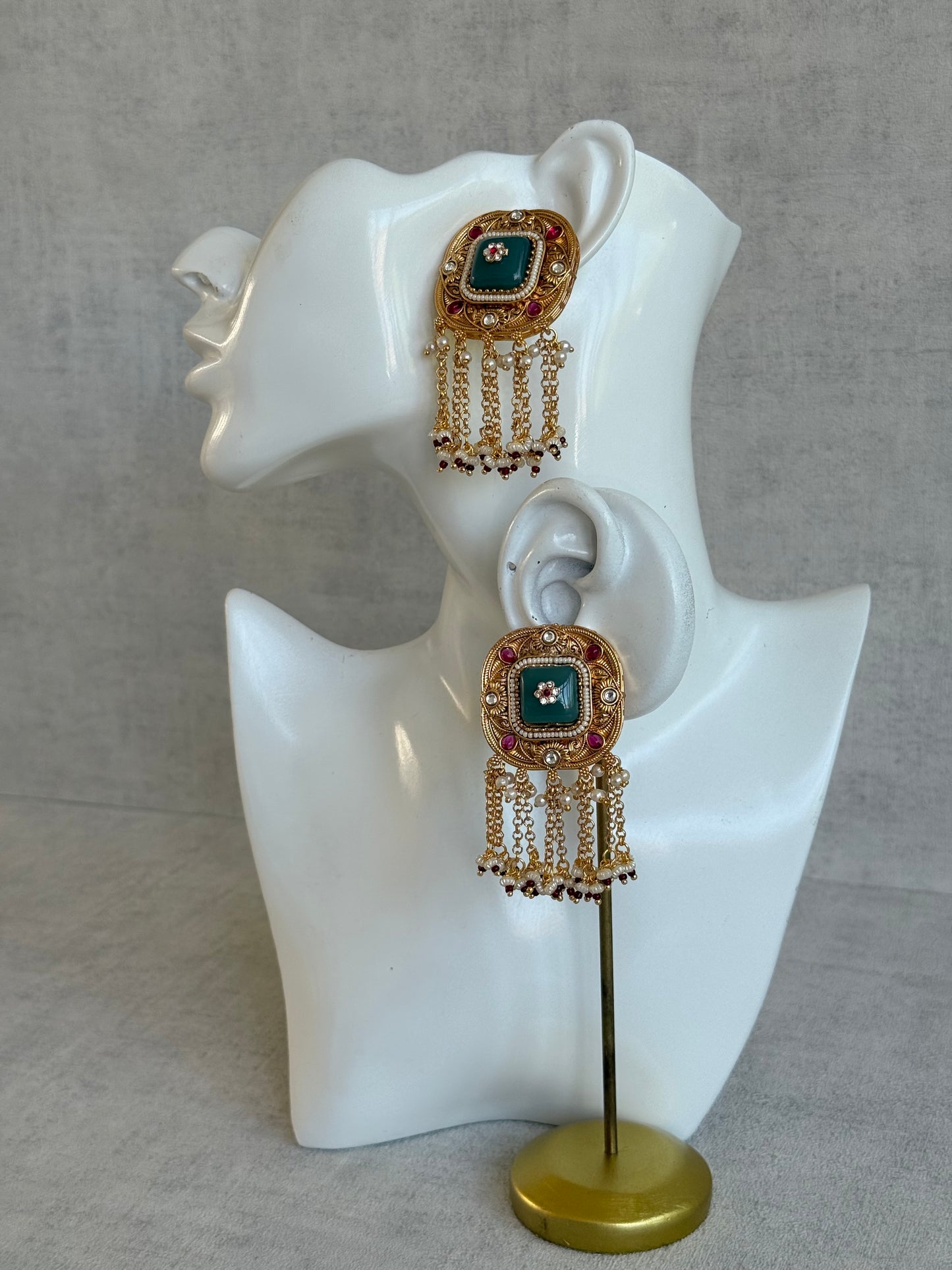 Ayura Designs Gunjal Earrings – Sage Green & Rani Pink Chain Drop Studs with Kundan & Bead Detailing