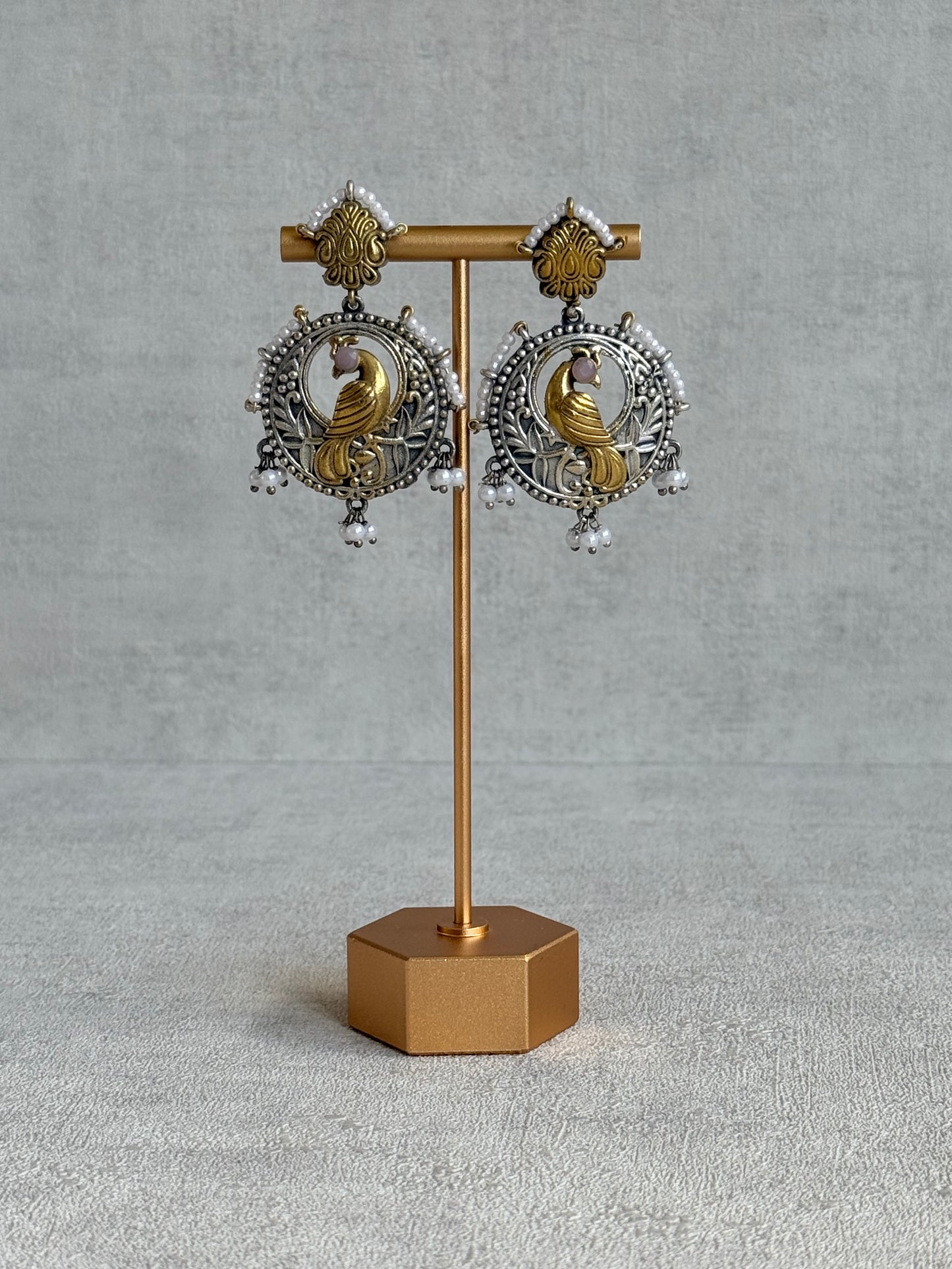 Ayura Designs Dilara Earrings – Oxidised Peacock Earrings with Pearl Detailing & Dual Tone Finish