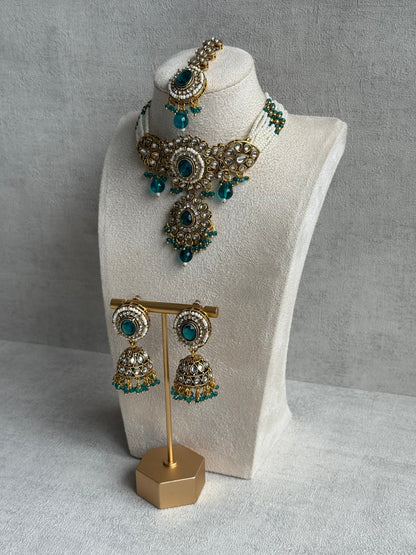 Ayura Designs Muskaan Set – Choker, Jhumkis & Tikka with Peacock Blue Beads, Kundan Stones & Antique Gold Finish