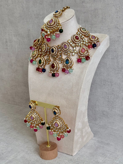 Ayura Designs Janvi Set with Necklace, Earrings & Tikka – Kundan Detailing, Multicolour Beads & Pearl Drops