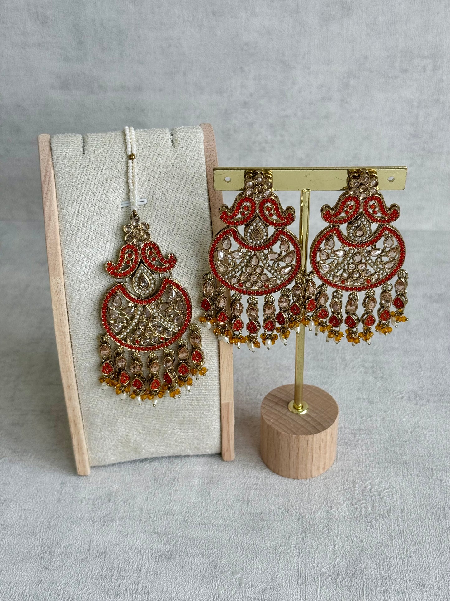 Ayura Designs Anvi Tikka Set with Earrings – Orange with Champagne Stones & Pearl Drops
