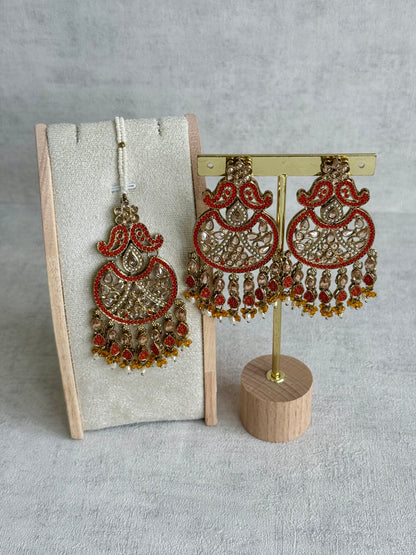 Ayura Designs Anvi Tikka Set with Earrings – Orange with Champagne Stones & Pearl Drops