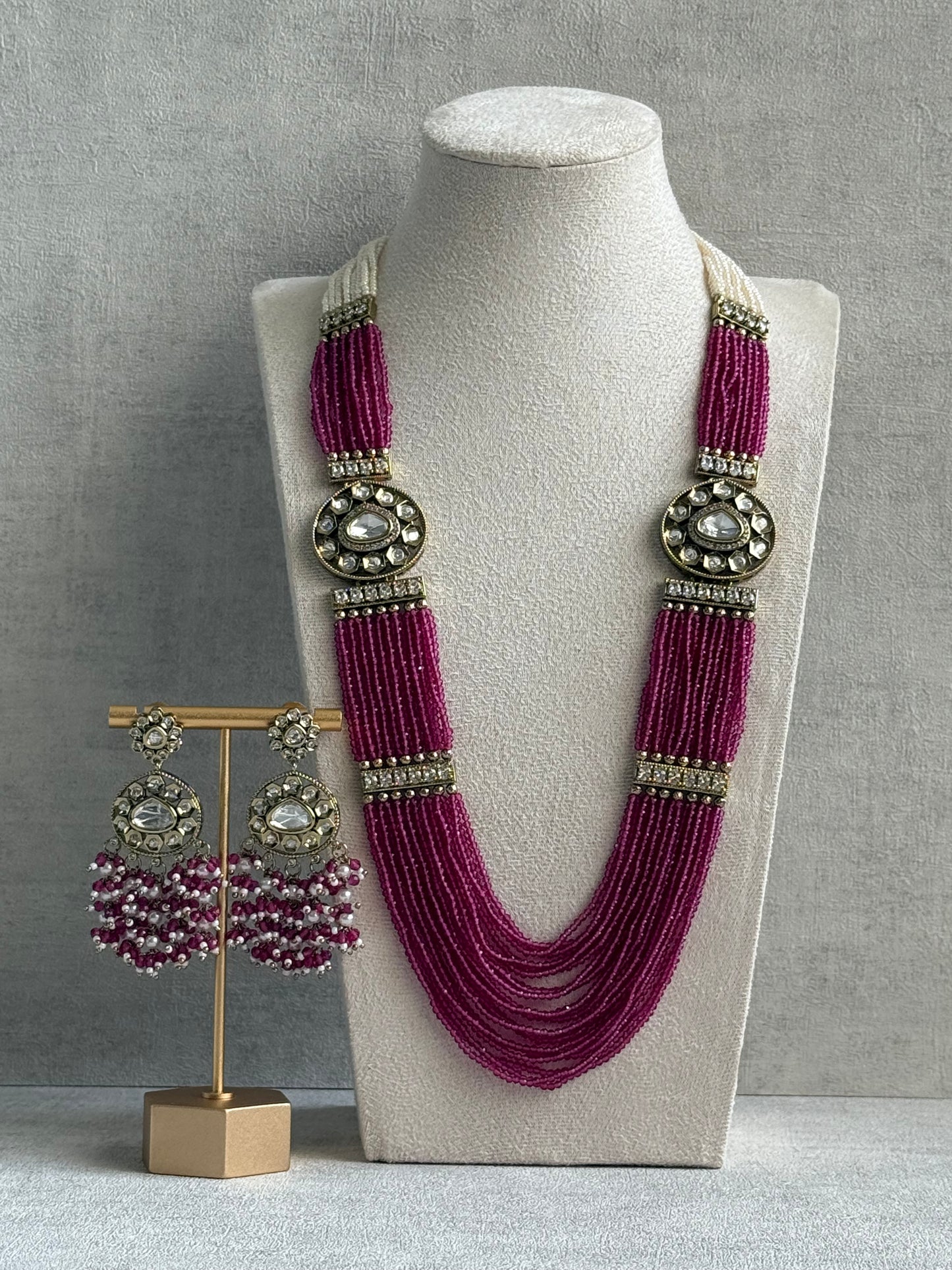 Ayura Designs Sienna Set – Long Layered Necklace & Earrings with Berry Pink Beads, Mirror-Cut Kundan & Pearl Detailing